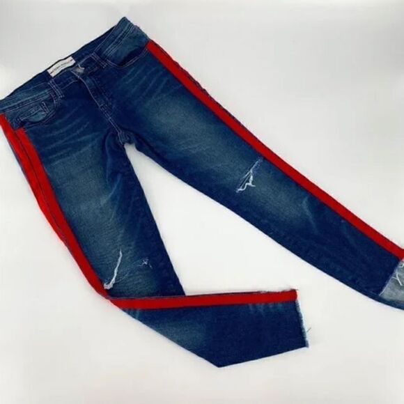 Etienne Marcel Tammy Side Stripe Skinny Double Red Ribbon High Low Raw Hem Jeans - Picture 4 of 8